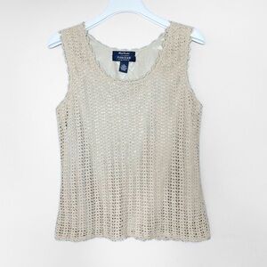 Vintage Women Large Cottagecore Crochet Tank Top Linen Beaded Boho Hippie Tan